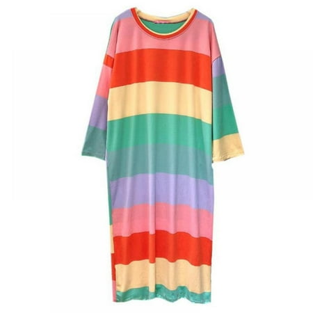 Women Multicolored Stripes Loose Ankle Length Shift Dress Nightdress Home Wear