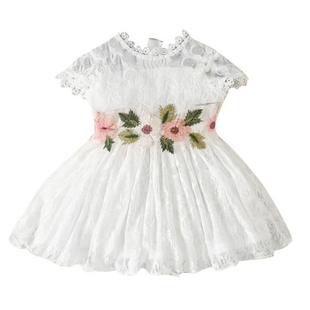 

Pedort Princess Dresses For Girls Girls Chiffon Dress with Solid Pom Poms & Flutter Ruffle Short Sleeve Kids Lace Square Neck Frocks White 6M