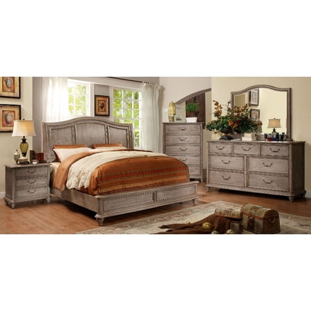 Master Bedrom Furniture Wooden HB Platform California King Size Bed Rustic Natural Tone Finish w Matching Dresser Mirror Nightstand 4pc Set Modern