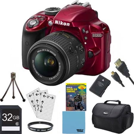Nikon D3300 24.2 MP CMOS Digital SLR with AF-S DX NIKKOR 18-55mm f\/3.5-5.6G VR II Zoom Lens (Red) BUNDLE with 32GB High Speed SDHC Card, Spare Battery, Micro HDMI Cable, Guide to SLR DVD Tutorial, UV
