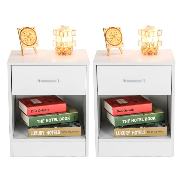 Nightstand Set of 2, One Drawer One Door Bedroom Side Table Bedside Table, 15mm Density Board Dressers, Stable Chest of Drawers, Compact Storage Drawers, Holds up to 150 lbs, White, Q3046