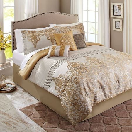 Better Homes and Gardens 7-Piece Bedding Comforter Set, Gold Accent Damask