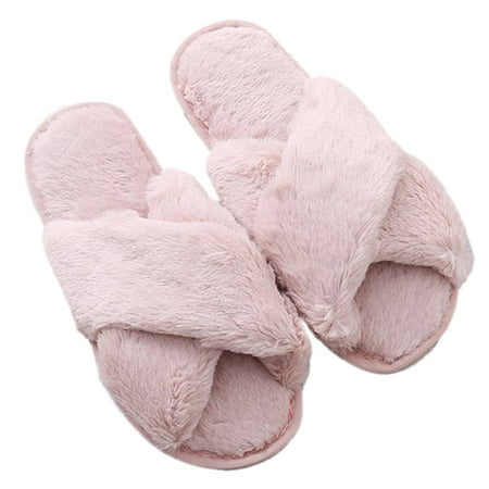 

HGYCPP Womens Winter Cross Fluffy Plush Home Slippers Indoor Fuzzy Warm Solid Color Flat Shoes House Open Toe Slide Sandals