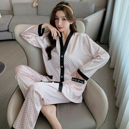 PIKADINGNIS Women Silk Satin Pajamas Set Long Sleeve Pant Soft Home Clothes Button-Down Printing Sleepwear Loungewear Womens Set Pyjamas
PIKADINGNIS Women Silk Satin Pajamas Set Long Sleeve Pant Soft Home Clothes Button-Down Printing Sleepwear Loungewear Womens Set Pyjamas