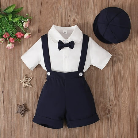 Toddler Boys Outfit Sets Summer Gentlemen s Suit Short Sleeved Shirt With Bow + Suspenders Shorts + Hat Three Piece Children s Overalls
Toddler Boys Outfit Sets Summer Gentlemen s Suit Short Sleeved Shirt With Bow + Suspenders Shorts + Hat Three Piece Children s Overalls