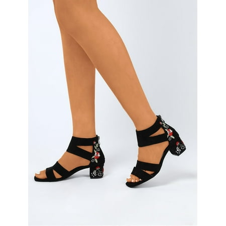 Women s Embroidery Ankle Strap Chunky Sandals Black EUR40(9)