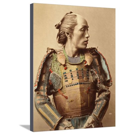 Portrait of a Samurai of Old Japan Armed with Full Body Armour, 1890 (Hand Coloured Albumen Photo) Stretched Canvas Print Wall Art