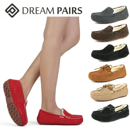 DREAM PAIRS Women Suede Leather Slipper Winter Warm Fur Lined House Slippers