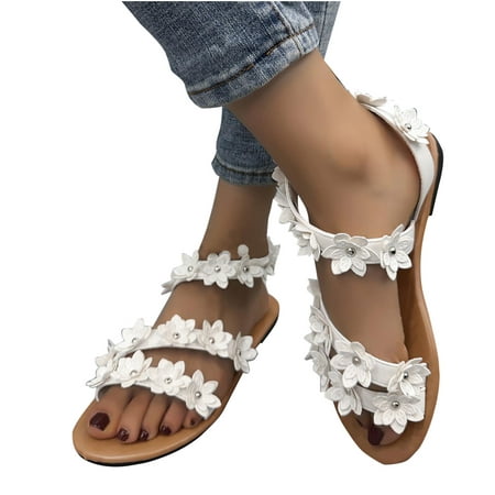 

Miluxas Women s Sandals Clearance Flat Clip Toe Casual Floral Beach Flip Flop Comfy Shoes Summer Elegant Toe Ring Roman Sandals Comfy Dress White 6(37)