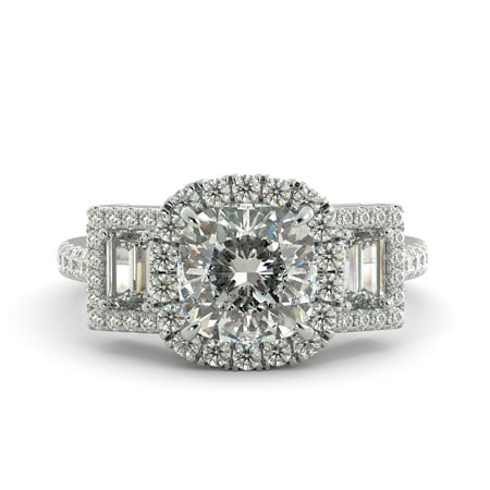 3.58 ct Cushion Brilliant Moissanite & Diamond Halo 3 Stone Engagement Ring 14k Gold