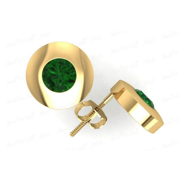 0.75Ct Round Cut Emerald Solitaire Stud Earrings 18k Yellow Gold Bezel Push Back AAAA