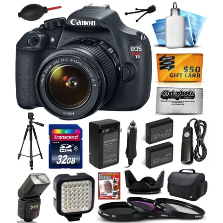 Canon EOS Rebel T5 EF-S 18-55mm IS II Digital SLR Kit with 32GB Memory, Large Case, Tripod, Flash, LED Light, Two Batteries, Charger, UV-CPL-FL Filters, DVD, Cleaning Kit, $50 Gift Card 9126B003 Canon EOS Rebel T5 EF-S 18-55mm IS II Digital SLR Kit with 32GB Memory, Large Case, Tripod, Flash, LED Light, Two Batteries, Charger, UV-CPL-FL Filters, DVD, Cleaning Kit, $50 Gift Card 9126B003
