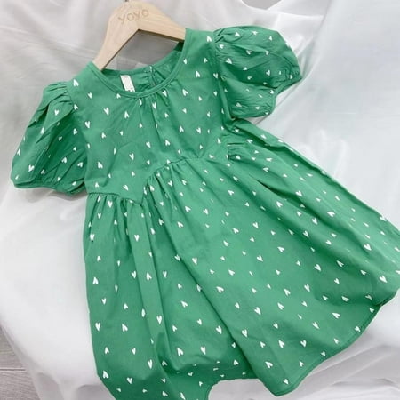 Bullpiano Summer Girls Korean Dress 3-8Y Baby Kids Round Neck Puff Sleeve Love Sweet Princess Dress Children Cotton Clothing