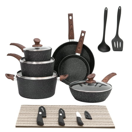 MF Studio 21 Pieces Cookware Set Granite Nonstick Pots and Pans Black