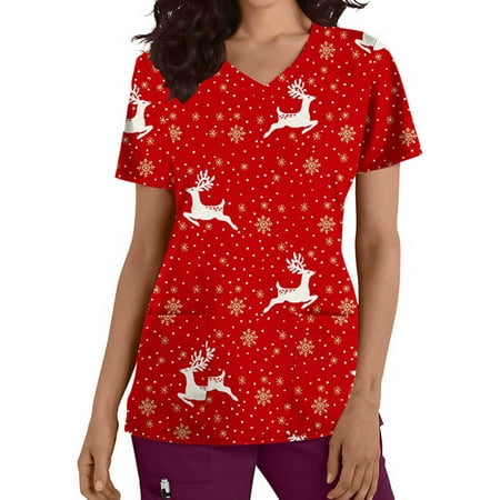 

Trendy Nurse Tees with Pocket Comfy Blouse for Women V-Neck Tunic Working Uniform Short Sleeve Tops Lady Cute Reindeer Graphic Shirts Casual Loose Scrub_Tops Red XXL