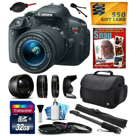 Canon EOS Rebel T5i Digital SLR with 18-55mm STM Lens includes 32GB Memory, 2.2x Telephoto, 0.43x Wide Angle Lens, Hood, Filters, 67\