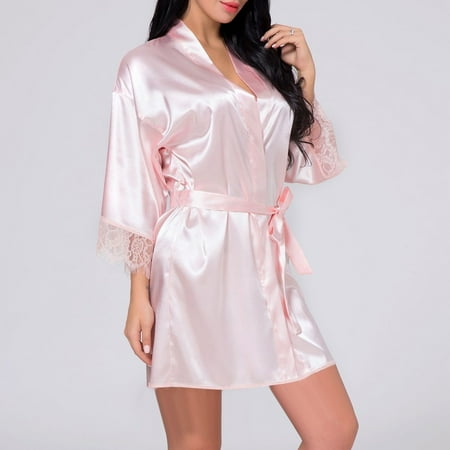 Women Sexy Lingerie Satin Robes Lace Nightdress Nightwear Sleepwear Kimono