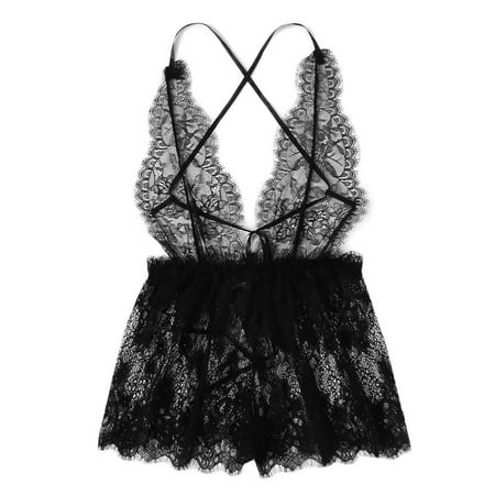 Lingerie Bodysuit for Women Deep V-Neck Lace Backless Teddy Jumpsuit Sleepwear