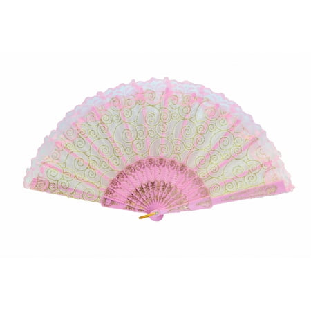Colorful Slab Lace Folding Fan with Auspicious Symbol-pink