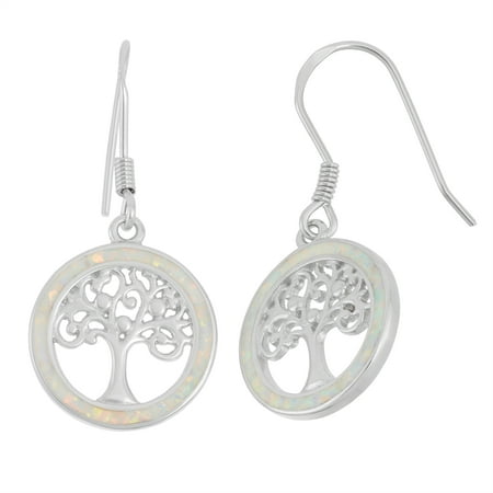 Beaux Bijoux Sterling Silver White Opal Tree of Life Circle Dangle Earrings (Multiple colors available)