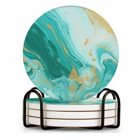 BaHomeck Drink Coasters Set of 4 with Holder Abstract teal and gold marble pattern Water Absorbent Ceramic Coasters Tabletop Protection Suitable for Various Cup Home Decor
BaHomeck Drink Coasters Set of 4 with Holder Abstract teal and gold marble pattern Water Absorbent Ceramic Coasters Tabletop Protection Suitable for Various Cup Home Decor