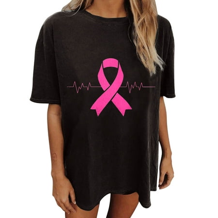 

CZHJS Women T-Shirts Summer Tunic Crewneck Tops Loose Fitting Breast Cancer Awareness Shirts Pink Ribbon Vacation Shirt Casual Elegant Dressy Short Sleeve Tees Black XL