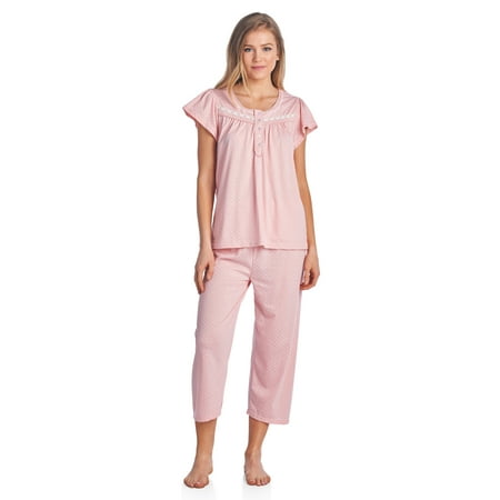 Casual Nights Women s Short Sleeve Embroidered Floral Capri Pajama Set