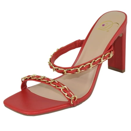 

Delicious Shoes Women Block High Heel Sandals Gold Chain Band Square Toe FENN-S Lip Hot Red 7.5