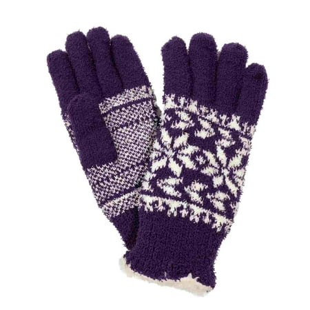 Isotoner Essentials Womens Purple Snowflake Textured Knit Sherpa Lined Gloves