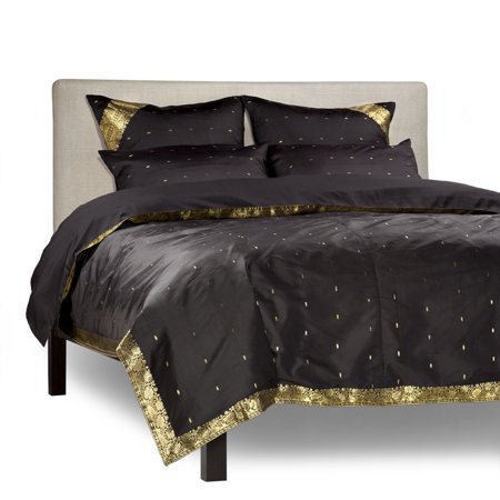 Black - 5 Piece Handmade Sari Duvet Cover Set with Pillow Covers / Euro Sham