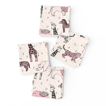 Cocktail Napkins Jungle Animals Pink Safari Nursery Baby Girl Zoo Set of 4