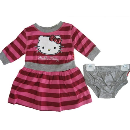 Hello Kitty Baby Girls Gray Fuchsia Striped Sequined Underwear Dress 2 Piece Set 12M-24M