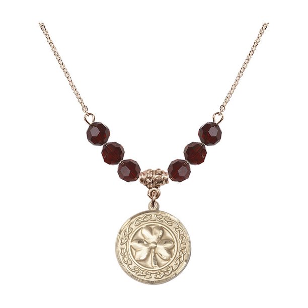 18-Inch Hamilton Gold Plated Necklace with 6mm Red January Birth Month Stone Beads and Shamrock w/ Celtic Border Charm