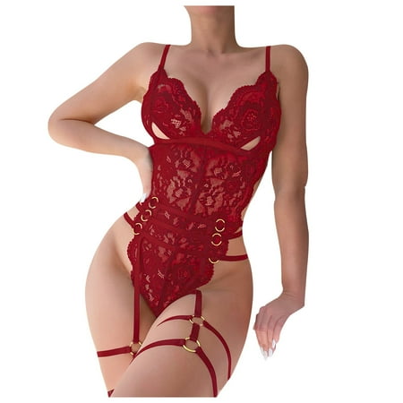 

adviicd Lingerie Bodysuit Women s Plus Size One Piece Teddy Lingerie Floral Lace Bodysuit Red S