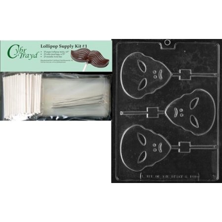Cybrtrayd 45StK25S-K100 Alien Lolly Kids Chocolate Candy Mold with Lollipop Supply Bundle, Includes 25 Lollipop Sticks, 25 Cello Bags, 25 Silver Twist Ties, Instructions