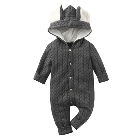 

TUOBARR Toddler Baby Boys Girls Solid Color Cute Rabbit Ears Winter Thick Keep Warm Jumpsuit Romper Gray (0-18Months)