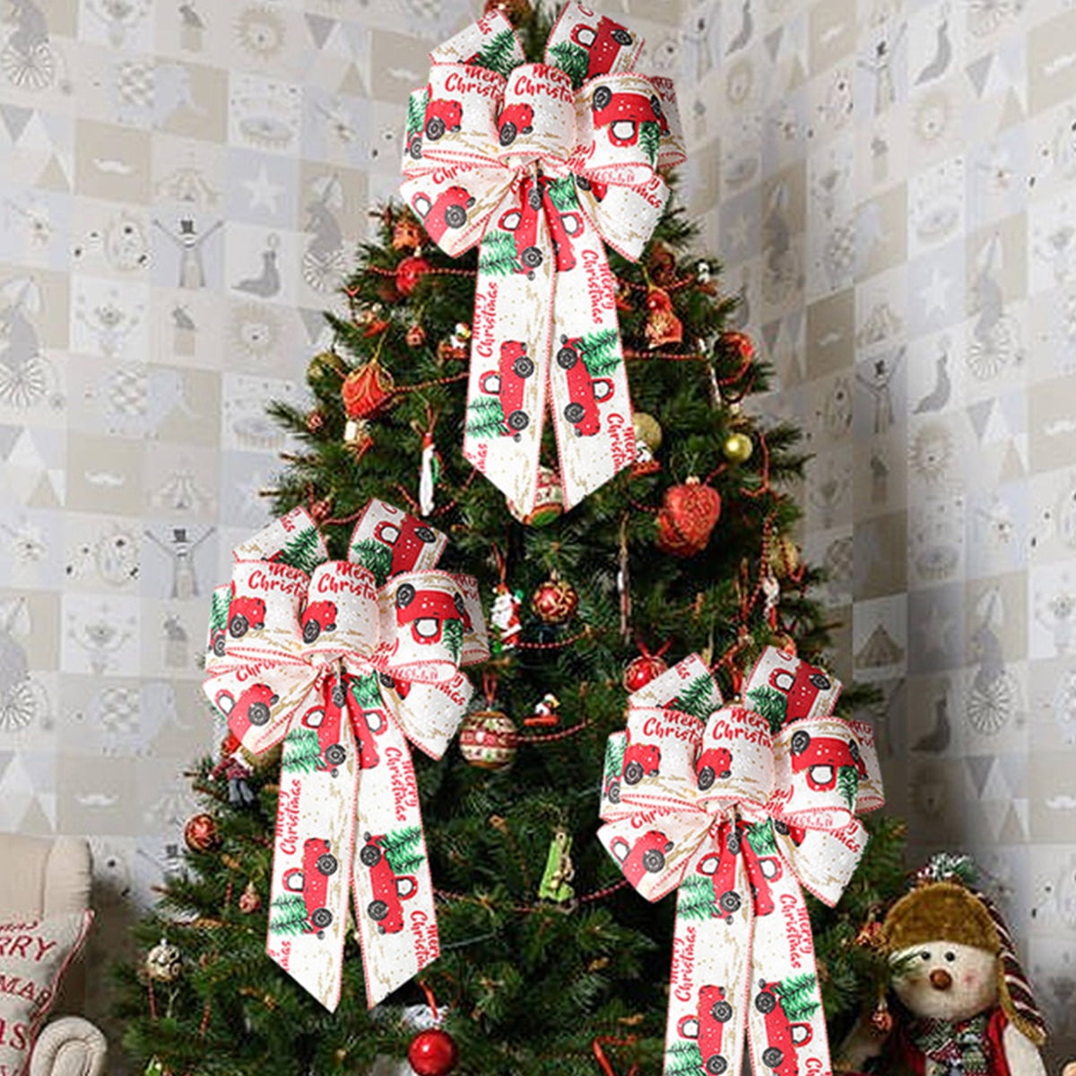 Vnanda Christmas Tree Topper Classic Buffalo Plaid Burlap Bow With