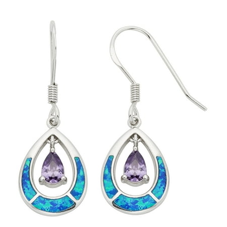 Beaux Bijoux Sterling Silver Blue Opal and Amethyst CZ Teardrop Dangle Earrings (Multiple options available)