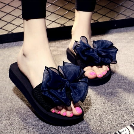 Women s Bowknot Decor Slides - Lightweight Non-slip Beach Vacation Flats