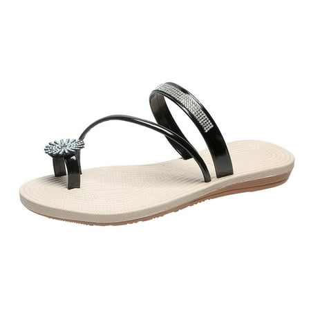 BELLZELY Womens Shoes Sandals Clearance Women Summer Clip-Toe Shoes Rhinestone Flats Casual Beach Sandals