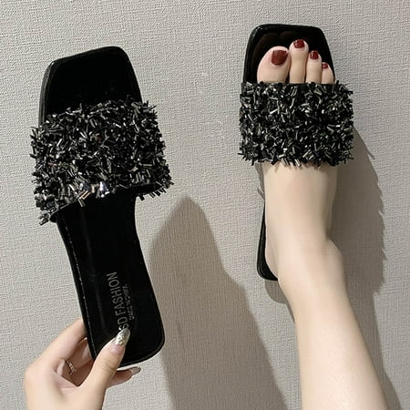 AXXD Women Black Sandals Clearance Shiny Sequins Sandals Summer Flat Heel Casual Shoes