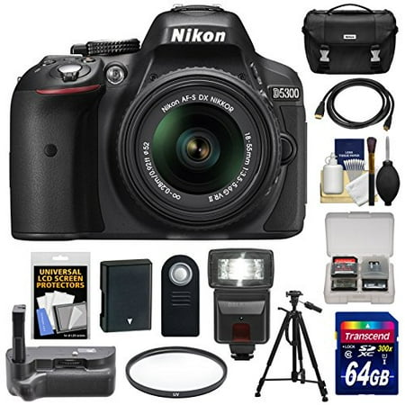 Nikon D5300 Digital SLR Camera & 18-55mm G VR DX II AF-S Lens (Black) with 64GB Card + Battery + Case + Filter + Grip +