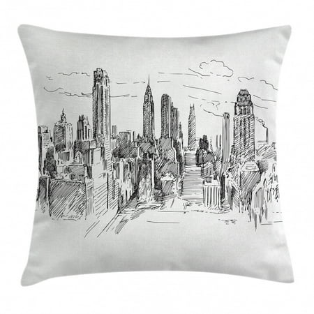New York Throw Pillow Cushion Cover, Hand Drawn NYC Cityscape Tourism Travel Industrial Center Town Modern City Design, Decorative Square Accent Pillow Case, 18 X 18 Inches, Grey White, by Ambesonne