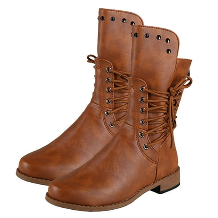 huanledash Women Outdoor Bandage Anti-skid Low Heel Faux Leather Ankle Boots Shoes