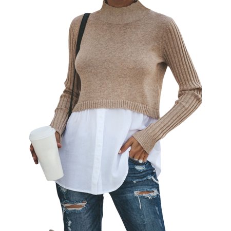 Women Autumn Winter Knitwear Splice High Neck Long Sleeve Knitted Sweater Frill Shirt Hem Pullover Jumper Blouse Shirt Casual Tops