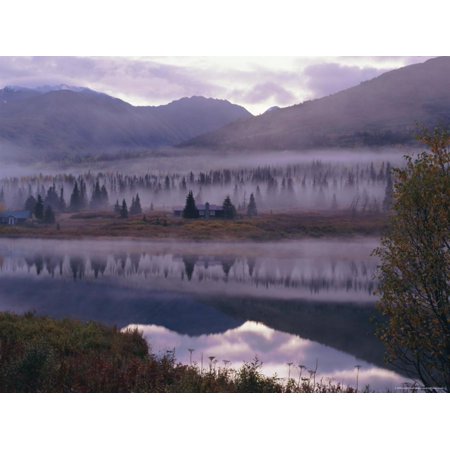 Dawn Mist in Autumnal Colours and Hunters Cabin Closed for the Winter, Kenai Peninsula, Alaska, USA Print Wall Art By Jeremy Bright