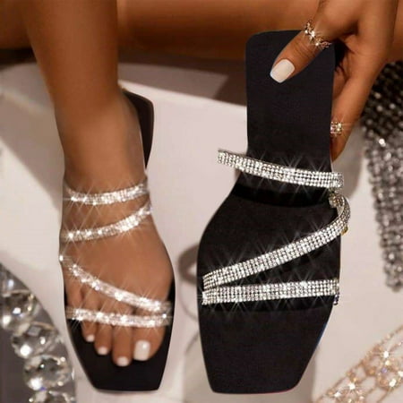 Summer Fashion Big Size One-Line Rhinestone Square Head Flat Sandals