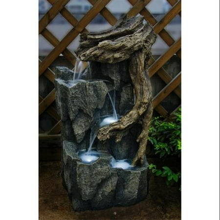 33" LED Lighted Tiered Rocks and Tree Trunk Outdoor Patio Garden Water Fountain