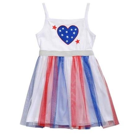 Toddler Girls Patriotic Red White & Blue Tulle Heart Sun Dress Sundress 2T