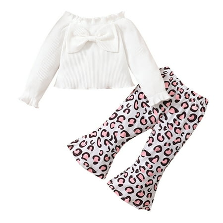 Baby Girls 2PCS Pants Suit Long Sleeve Plain Ribbed Ruffle Off-Shoulder Tops Long Leopard Flared Pants Home Wears
Baby Girls 2PCS Pants Suit Long Sleeve Plain Ribbed Ruffle Off-Shoulder Tops Long Leopard Flared Pants Home Wears
